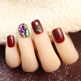 Christmas Press on Nails Short 24Pcs Red Artificial Short Square Fake Nails for Winter Glossy False Nails with Xmas Tree Gems Designs Full Cover Glue Acrylic Fingernails for Women Girls