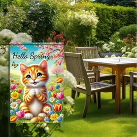 BlissYard Hello Spring Garden Flag 12x18 Vertical Double Sided Cute Cat Outdoor Yard Flag Summer Sping Flower Outdoor Flag Small Farmhouse Seasonal Welcome Spring Garden Flag