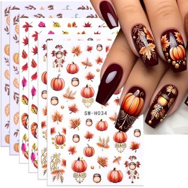 Fall Nail Decals Autumn Leaves Pumpkin Nail Art Sticker 3D Self-Adhesive Thanksgiving Gold Yellow Maple Leaf Nail Design Nail Art Supplies for Women Holiday DIY Manicure Decoration Accessories 6PCS