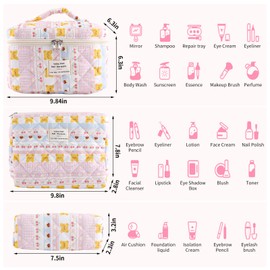 YINGJEE Large Quilted Makeup Bag for Women and Girls, Cute Coquette Floral Cotton Cosmetic Bag, Aesthetic Travel Organized Toiletry Bags (11-cherry bears)