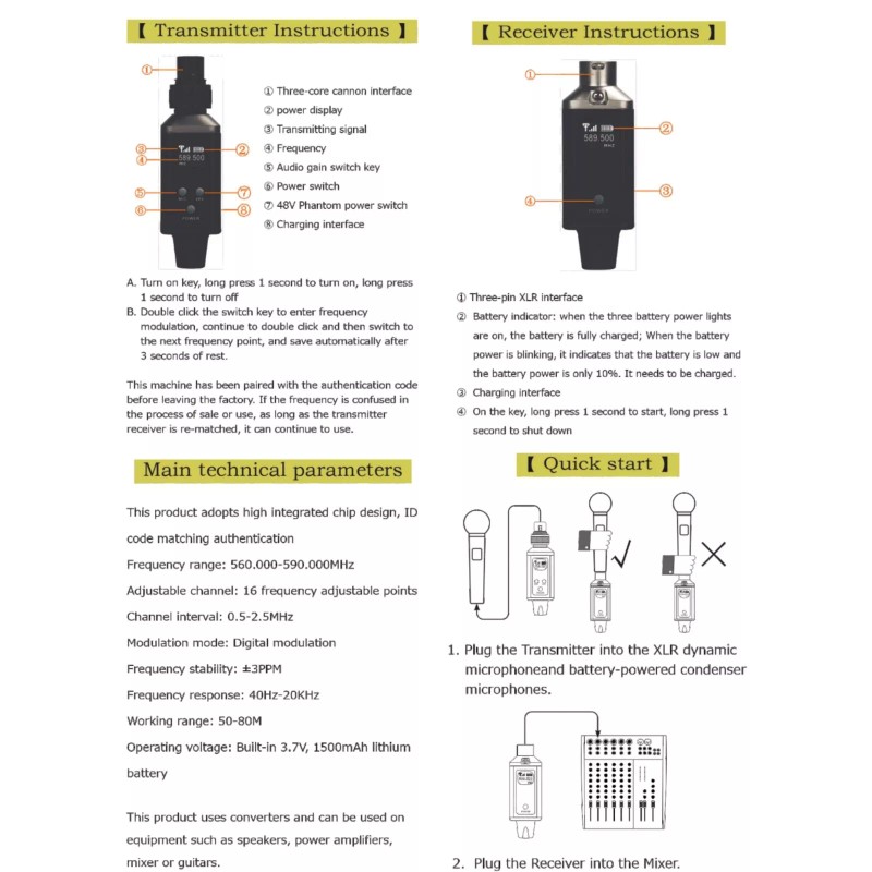 LASE UHF Wireless Microphone System XLR Mic Adapter 48V Transmitter