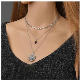 Inilbran Boho Layered Coin Necklace Vintage Onyx Teardrop Pendant Necklace Silver Disc Choker Necklace Black Water Drop Necklace Figaro Chain Necklace Jewelry for Women and Girls