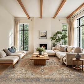 Kokia 8x10 Soft Washable Area Rugs for Living Room and Bedroom with Vintage Distressed Orient Medallion Design, Non-Slip Low Pile Stain Resistance Terracotta Brown