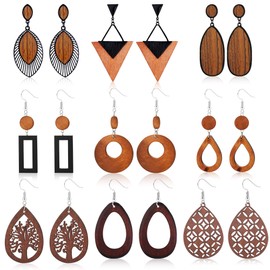 Sanfenly 9 Pairs Wooden Earrings for Women African Natural Wooden Dangle Earrings Lightweight Drop Earring Ethnic Statement Drop Earring Set