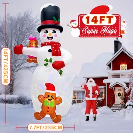 AerWo 14FT Christmas Inflatable Outdoor Decoration, Snowman Christmas Blow Ups Yard Decorations with Gingerbread Man, Giant Christmas Inflatables with Rotating LEDs for Holiday Lawn Xmas Decor