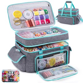 AMOIGEE Large 15" Double-Layer Sewing Storage Bag with Detachable Diviers – Large Sewing Organizer with Shoulder Strap, Elastic Loops for Sewing Supplies, Tools & Accessories
