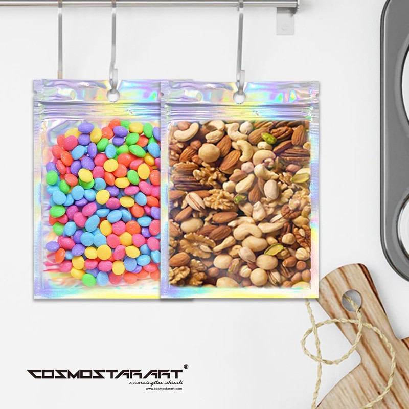 COSMOSTARART 100 Pack Holographic Resealable Bags, Clear Front Mylar Ziplock