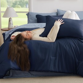 Bedsure King Size Comforter Set - 7 Pieces Navy King Bedding Set for All Seasons, Boho Contrasting Design Bed in a Bag with Comforter, Sheets, Pillowcases & Shams