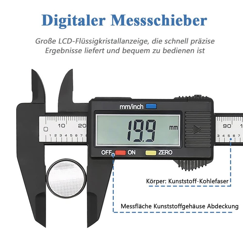 Mesee Digital Calliper, Precision Caliper, 150 mm Carbon Fibre High