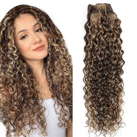 Urbeauty Natural Curly Hair Extensions Clip in Human Hair Triple Weft Clip in Hair Extensions Wavy Hair Brown Highlighted Blonde Natural Curly Clip in Human Hair Pieces 10Pcs 120Gram Clip Ins 4/27 - Size: 16