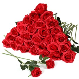JUSTOYOU 30PCS Artificial Roses Silk Flowers in Bulk, Realistic Red Fake Roses for Wedding Decorations, Home Decor, Centerpieces, Indoor Floral Arrangements