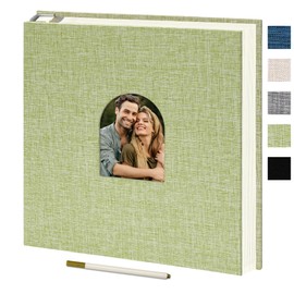 Vienrose 9.84x9.06 Inch Self-Adhesive Photo Album Linen Cover Arch Window Scrapbook Album 40 Pages Blank Inner Page Memory Book with A Metallic Pen, Grass Green