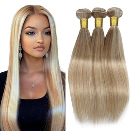 QEUOPE P27613 Human Hair Highlight Straight Bundles 10 12 14 inch Double Weft Brazilian Hair Extensions Ombre Two Tone Blonde Mixed With 613 Bundles for Women