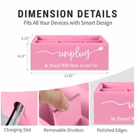 Bamboo Wood Phone Box – Unplug from Phones, Tablets, and Electronics for Study, Meetings, and Family Time, Phone Holder Organizer with Charging Holes, Farmhouse Style, Holds Up to 18 Phones-Pink