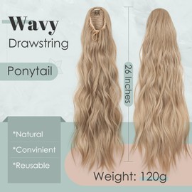 TESS Wavy Ponytail Extension, Drawstring Clip in Ponytail Hair Extensions, Long Hair Extensions Ponytail, 26 Inches 120g, Ash Blonde