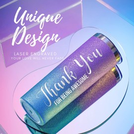 Onebttl Thank You Gifts, Thank You for Being Awesome, Appreciation Gift for Coworker, Boss, 20Oz Skinny Tumbler for Women, Glitter Blue & Purple