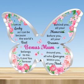 JMIMO Bonus Mum Gifts,Bonus Mum Butterfly Shaped Acrylic Plaque from Daughter Son,Mothers Day Christmas Birthday Gifts Keepsake for Bonus Mum