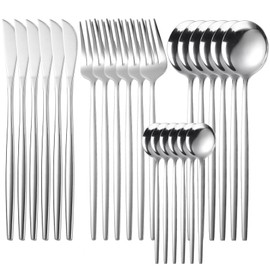 LSXD Juego de Cubiertos de Plata de 24 Piezas, Juego de Cubiertos de Acero Inoxidable con Cuchillo, Tenedor, Cuchara, Servicio para 6, Pulido Espejo y Apto para Lavavajillas, Hogar/Viaje/Escuela