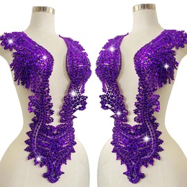 Handmade Crystal on lace Applique Sewing Rhinestones Beads Sequins Patches Trim Luxury Decoration Accessories for Wedding Dress (Purple)