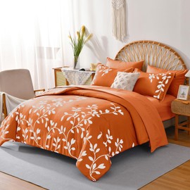 METAHOTS Queen Size Comforter Set - 7 Pieces Floral Botanical Printed on Orange Queen Comforter Set with Sheets, Fall Soft Lightweight Microfiber Bedding Set for All Season(90"X90")