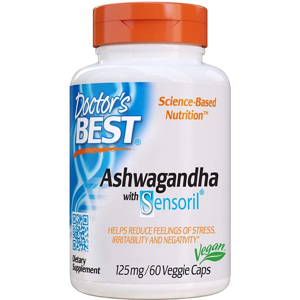 Doctor's Best Ashwagandha with Sensoril, Ayurvedic Herb, Standardized Withania somnifera Extract, Clinically Proven to Support Mental Focus, Cardiovascular Health & Healthy Energy, 125mg, 60 Count