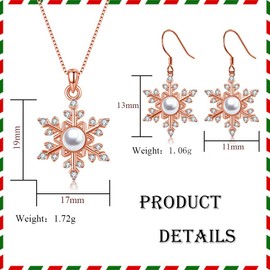 Deyanse Xmas Women's Jewellery Sets, 925 Sterling Silver Snowflake Pendant Necklace & Dangle Earrings with Pearl Zirconia, Hypoallergenic Rosegold Christmas Jewellery Set for Christmas with Gift Box