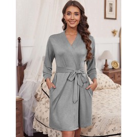 Ekouaer Short Robe for Women Comfy 3/4 Sleeves Light Robe V Neck Ladies Robes Soft Knit Bathrobe Breathable Sleep Robe Light Grey XXL