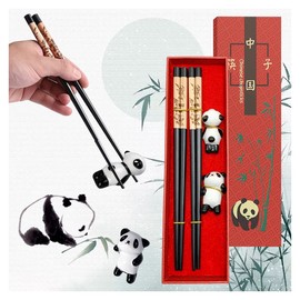 Voyyphixa 2 Pairs of Chopsticks Reusable Japanese Chopsticks with Ceramic Panda Holder Chinese Style Gift Box Non-Slip Chopsticks Washable for Dishwasher (Black)