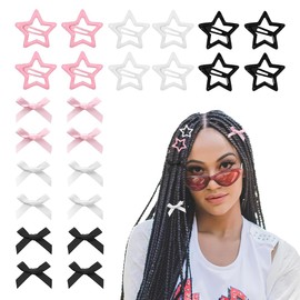 24PCS Bow Star Hair Clips for Women Mini Hair Bows for Teen Girl Cute Star Snap Barrettes Clip for Hair Non Slip Alligator Clips Y2k Hair Accessories for Women Girls Black White Pink Satin Bows Clip