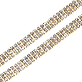 M METERXITY 2-Pack Crystal Rhinestone Close Chain Trim, 3 Rows 1 Yard 8.5 mm Dress Embellishments, Sparkly Diamond Strips Applique Embellishment for Craft/Sewing/Wedding [Gold]