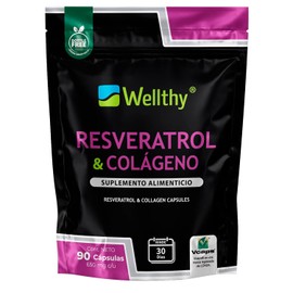 Wellthy Resveratrol y Colágeno Cápsulas.1350mg de Colageno Hidrolizado, 600mg de Resveratrol. Vcaps Cápsulas Veganas, Gluten Free, Sugar Free, Bottle Free.