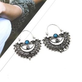 CUSIOALQQ Bohemian Vintage Silver Dangle Turquoise Earrings for Women, Ethnic Gypsy Tribal Boho Crescent Designer Jewelry, Carved Hollow Statement Cowgirl Temperament Boho Jewelry Gift Silver