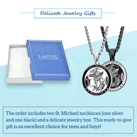 LAOYOU Archangel Michael Necklace Stainless Steel Saint Michael Necklace Medal for Men Women Protection Amulet St. Michael Pendant Blessed medallion Jewelry Gifts 2pcs Pack Silver Black Round