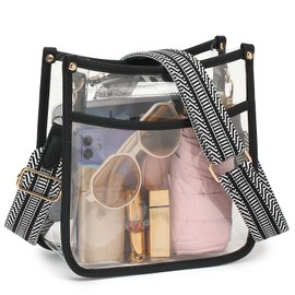 FAIME Clear Crossbody Bag for Women,Clear Purse Stadium Approved with Wide Removable Strap,Clear Shoulder bag for Concert, Black