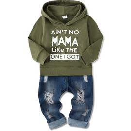 SOLOYEE Baby Boys Outfits Clothes Sets Infant Fashion 2 Pcs Letter Pattern Long Sleeve Hooded Sweatshirt and Jeans Pants 2-3 Years, Army Green