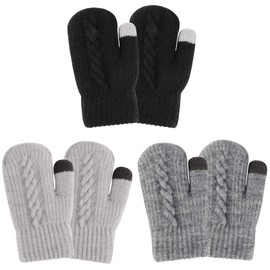 QKURT 3 Pairs Toddler Mittens, Winter Thermal Gloves Full Finger Kids Gloves Thick Lined Fleece Mittens Braided Knitted Gloves for Baby Boys and Girls 1-3 Years Old