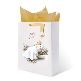 Rotel White Gift Bag Holy Spirit Design with Tissue Paper for Baby Boy and Girl Baptisms,Christenings,Baby Shower,First Communions Dedication Gifts for Religious Catholic Occasion- 10" x 5" x 13"