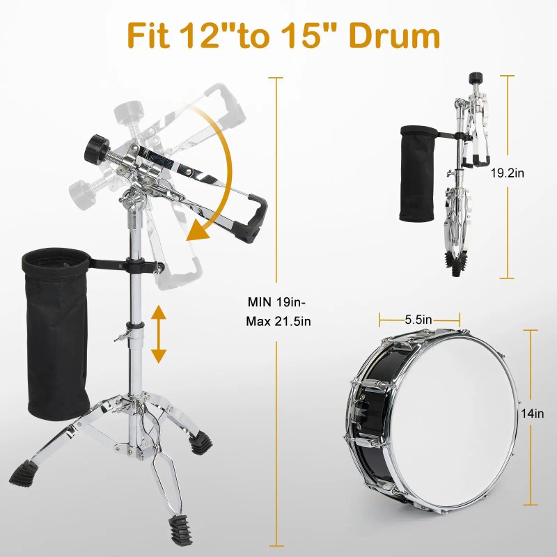 "14x5.5in Beginner Student Black Snare Drum Set with Drumstick Holder