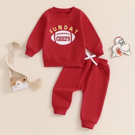 GINEVSAL Baby Boy Football Outfit Long Sleeve Sunday Football/Chiefs Round Neck Sweatshirt Pants Set Toddler Fall Clothes (White Red, 12-18 Months)