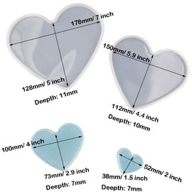 4Set Love Heart Shape Epoxy Mold Size 18cm, 15cm, 10cm, 5.2cm DIY Resin Heart Casting Silicone Mold