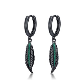 Midir&Etain Black Feather Dangle Drop Earrings for Men Women 925 Sterling Silver Malachite Hoop Earrings Punk Jewellery Birthday Mothers Day Gifts for Mom