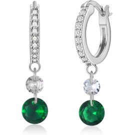 Sterling Silver Drop Earrings for Women, Dangle Green Hoop Earrings Cubic Zirconia Silver Drop Hoop Earrings Birthday Gift for Women White