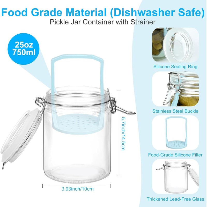Furwarmy Glass Pickle Jar with Strainer, 25oz Pickle Container with