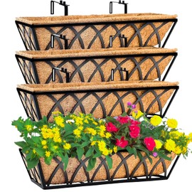 KIDYBELL 4 Pack 24 Inch Flat Railing Planter Window Box Horse Trough Planter with Coco Fiber Liner Fence Metal Hanging Flower Planter Window Basket Deck Railing Planter Boxes for Outdoor Garden Lawn