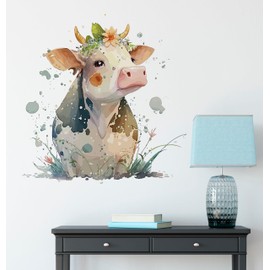 Watercolor Cow Wall Stickers for Nursery, Fun Farm Animal Flower Decals Vinyl Waterproof Peel Removable Murals for Kids Baby Room Bathroom Toilet Playroom Furniture Classroom