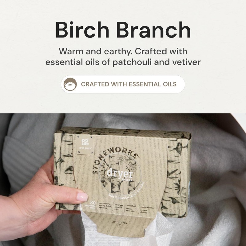 Grab Green Stoneworks Dryer Sheets, 160 Sheets, Birch Branch Scent,