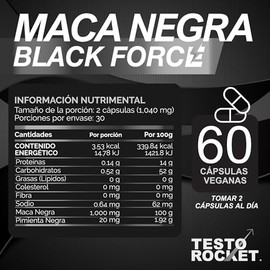 Maca Negra Peruana Piperina Fórmula Vegana Organica Alta Concentración Optimizada Absorción Optima Suplemento Alimenticio Testo Rocket Black Forc3