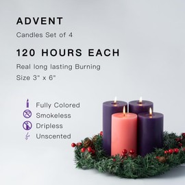 MOZEAL 3" x 6" Hand-Poured, Unscented Pillar Candles. Each Offers Approx 115 Hours of Clean, Long-Lasting Burn Time. Dripless Candles Set of 4, Ideal for Advent Wreath
