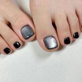 24 Pcs Square Press on Toenails Short Black Cat Eye Fake Toe Nails Glossy Glue on Toenails Bling Glitter False Toenails with Design Full Cover Stick on Toenails Acrylic Toenails for Women Girls