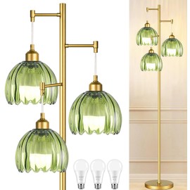 ILLMTW Glass Floor Lamp for Living Room,Bedroom,Gold Mid Century Modern Standing Lamp Brass Tree 3 Light Tall Floor Lamps Vintage Retro Floor Lights Green Flower Lamp Shade Farmhouse Boho Bohemian
